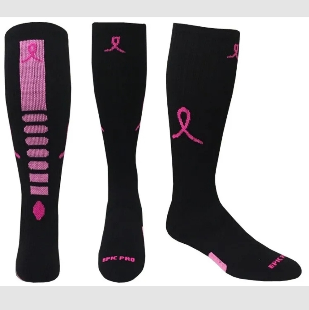 New Epic Sports E125247 Over Calf Breast Cancer Black Pink Ribbon Socks S M or L